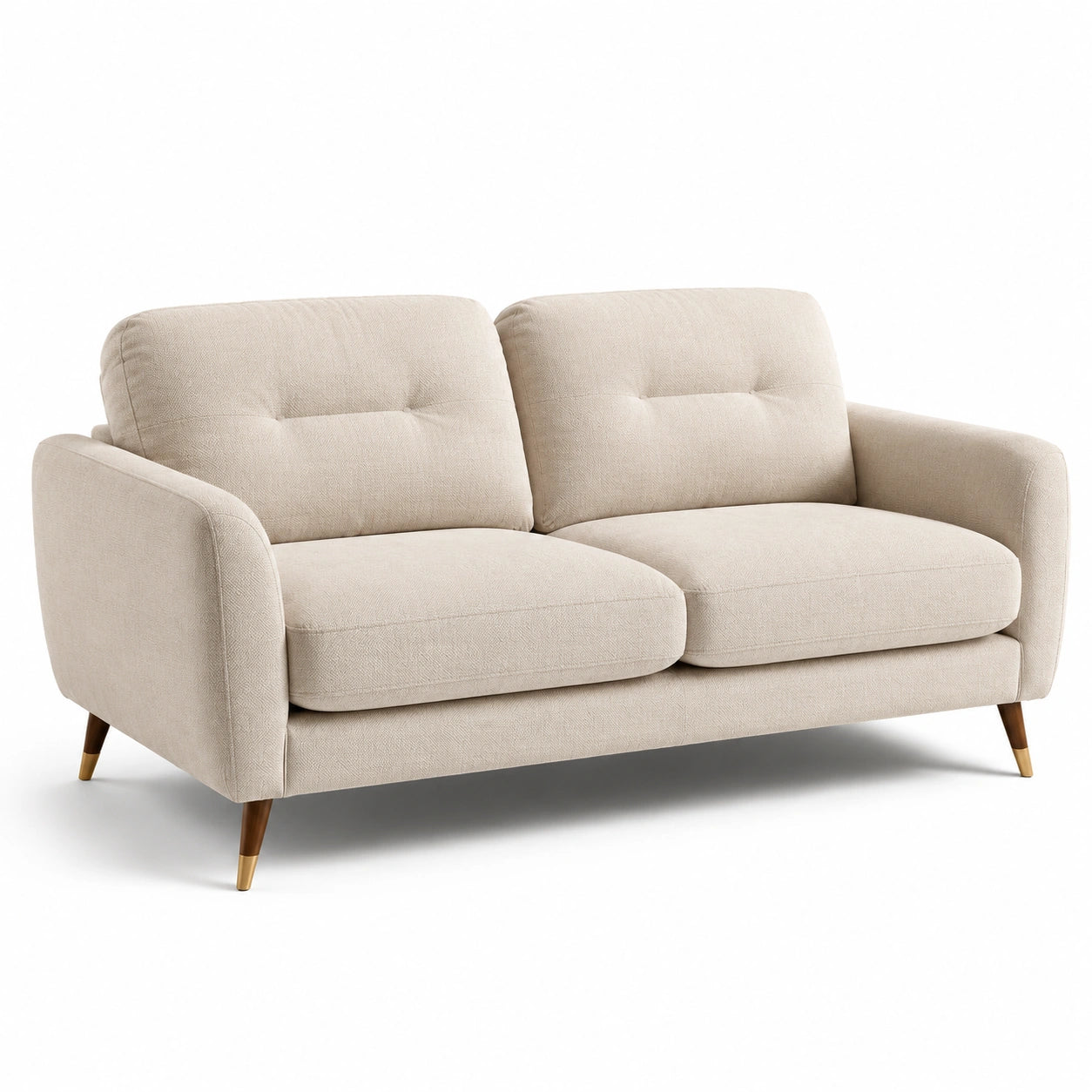 Sofá de dos plazas beige con patas de madera y tapizado de algodón y poliéster