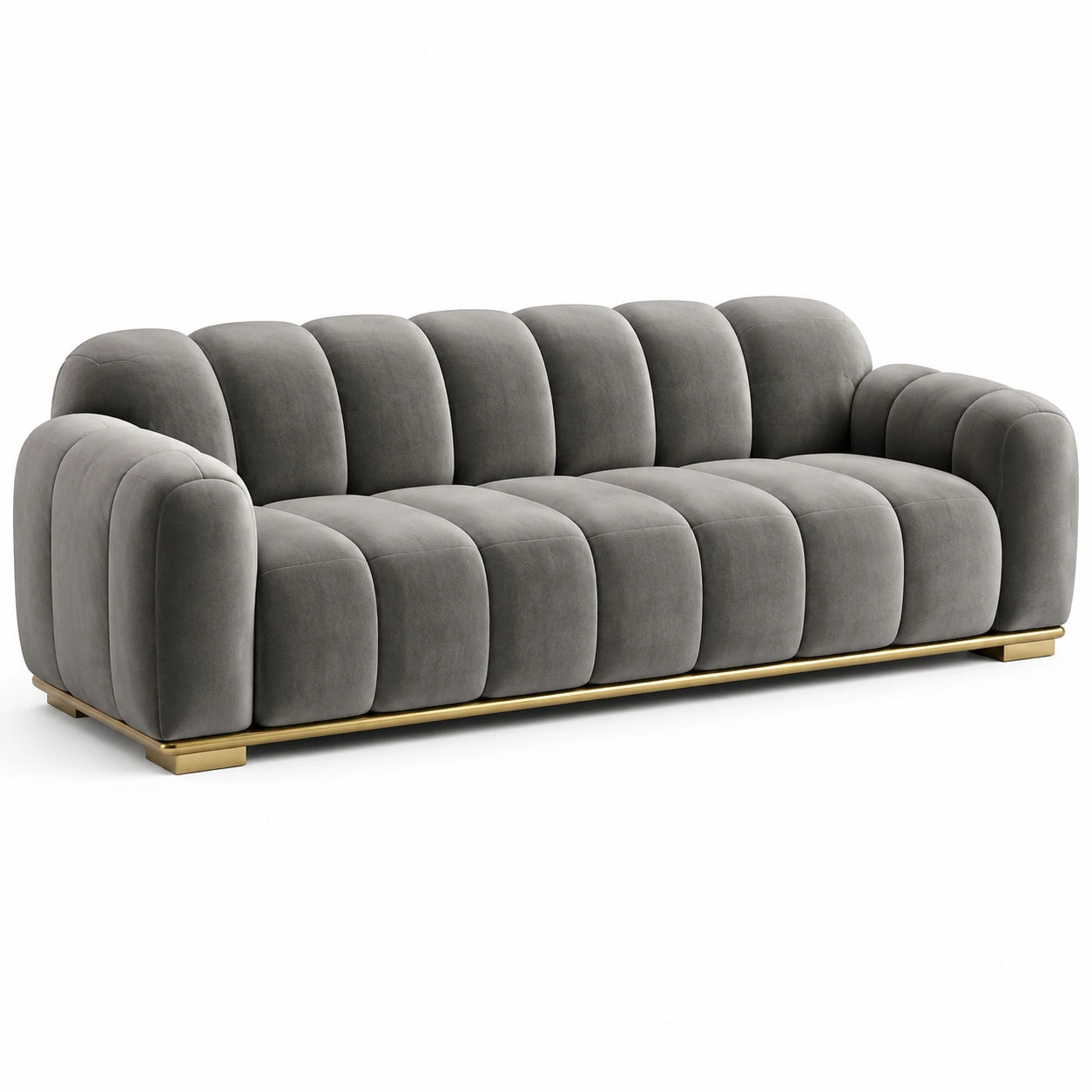 Sofá de tres plazas gris con terciopelo y base de metal dorado