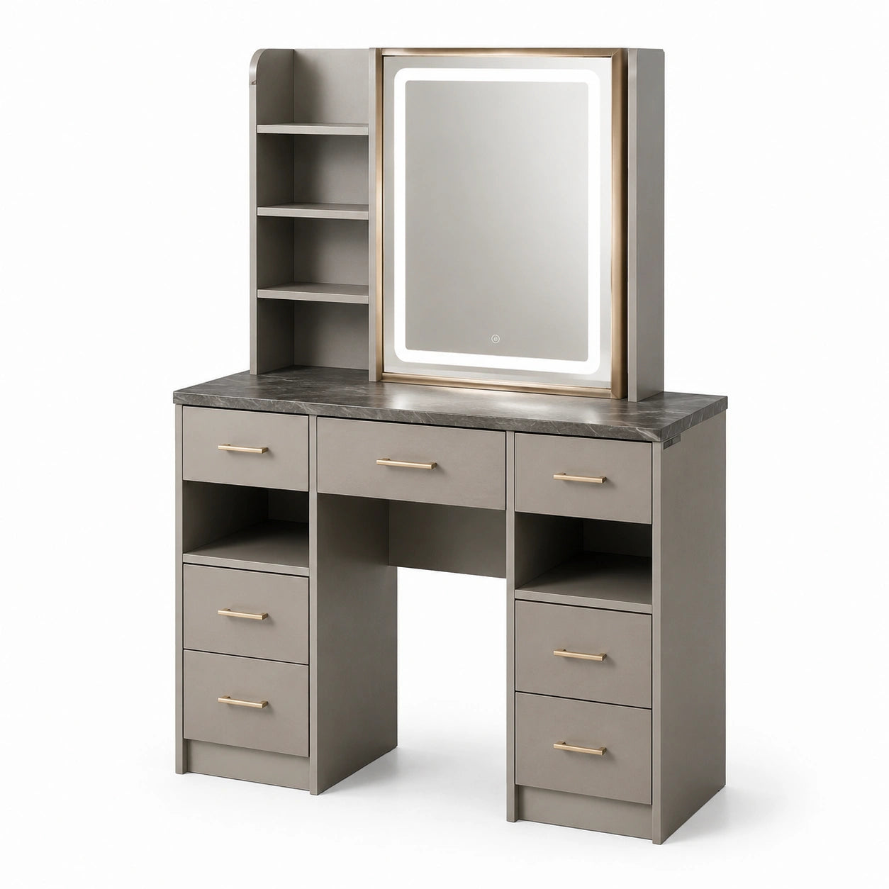 Tocador de madera compuesta con espejo LED y almacenamiento gris
