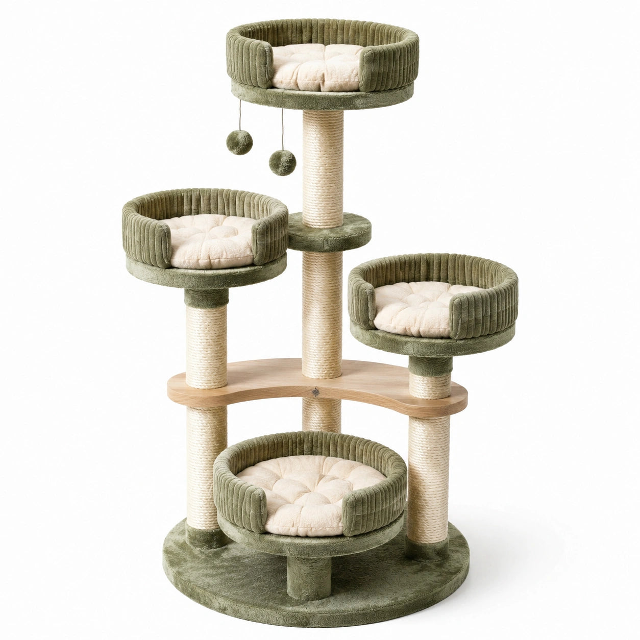 Árbol para gatos de madera con plataformas verdes