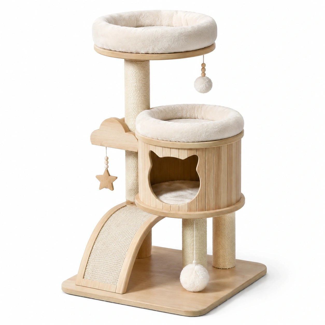 Árbol para gatos de madera con cojines de felpa beige
