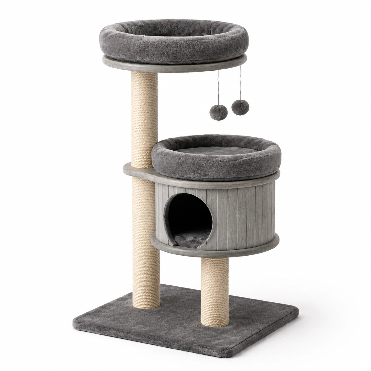 Árbol para Gato de Tres Niveles con Rascador de Yute y Felpa Gris