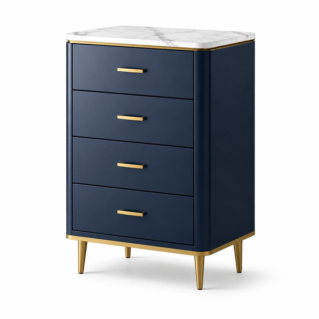 Cajonera de madera con mármol y metal azul y oro 80x40x120 cm