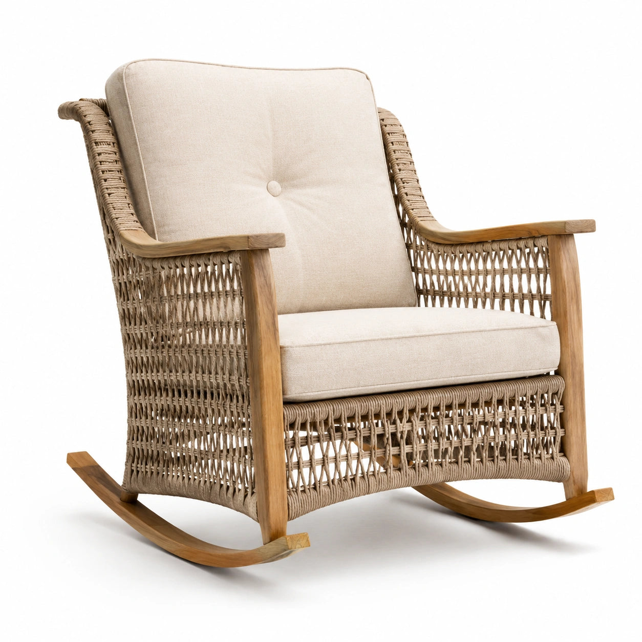 Silla mecedora de teca y mimbre con cojines de lino